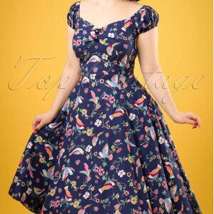 Collectif Navy Blue Vintage Floral & Bird Fit-and-Flare Dress